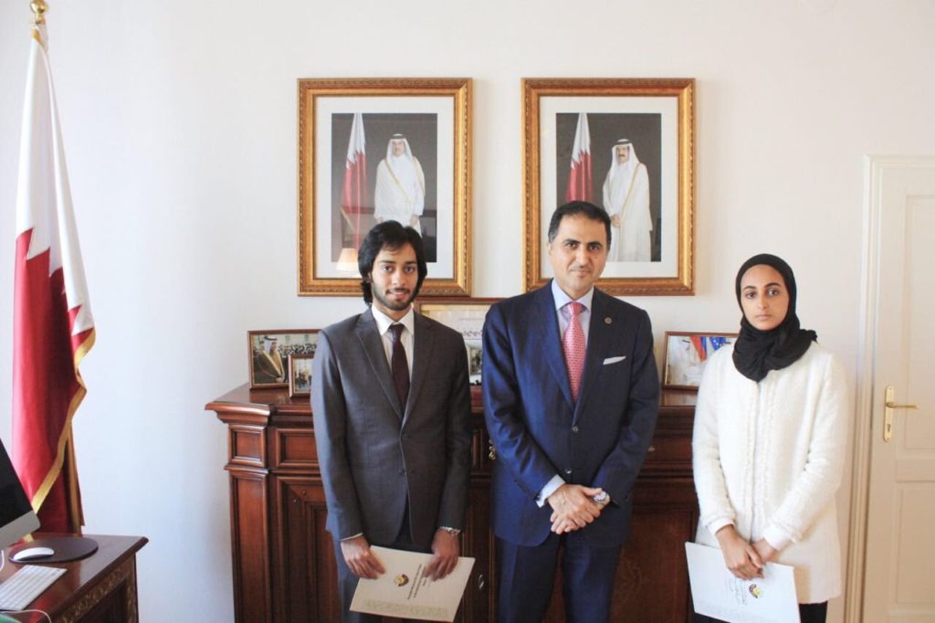 Abdallah Al-Kuwari (SFS â17) and Hessa AlDosari (SFS â17) with Ambassador of Qatar to Austria