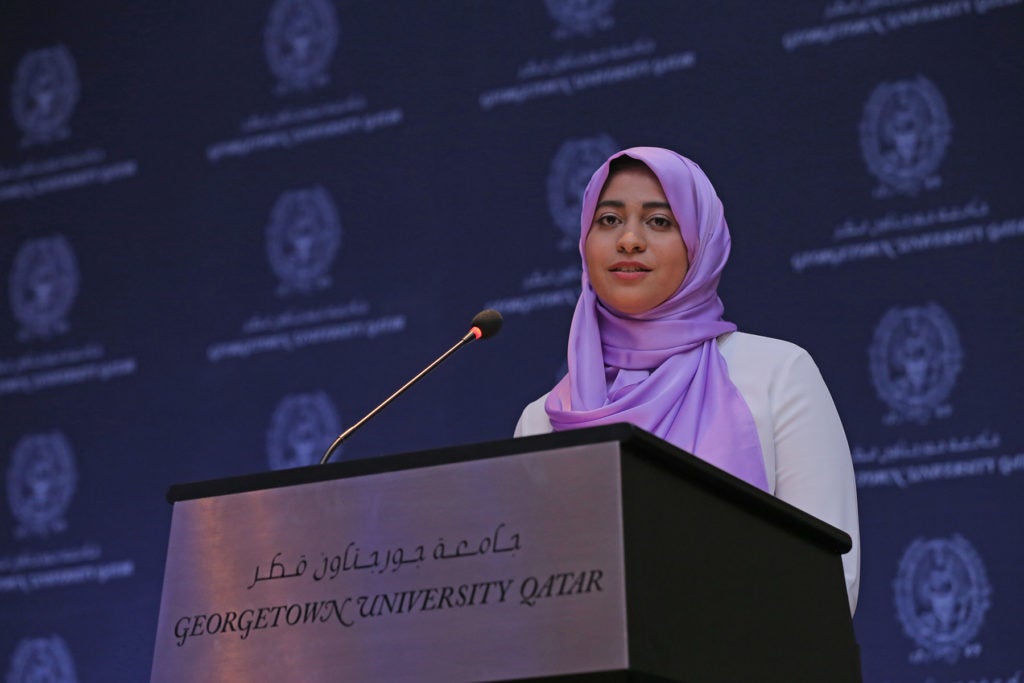 Thana Hassan El-Sallabi (SFS â17) addressed her fellow graduates for the senior class speech.