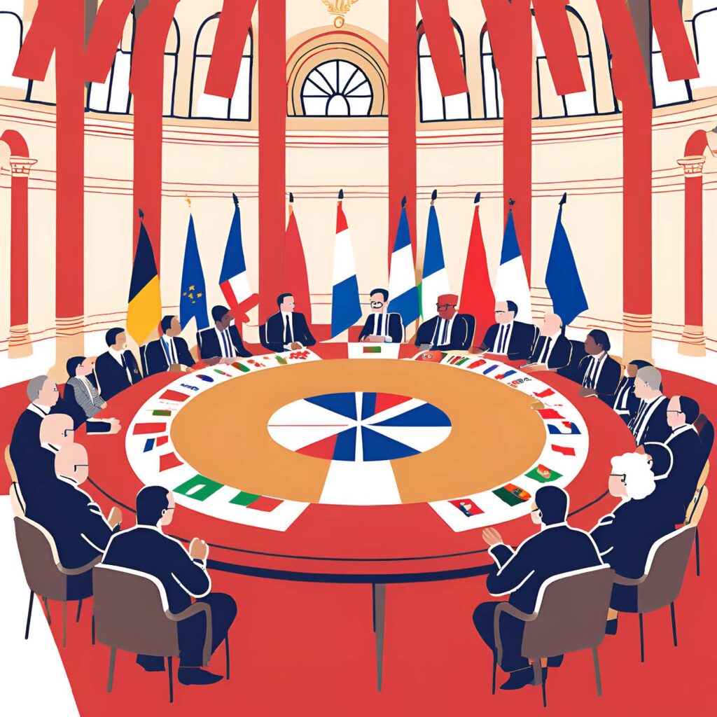 A brightly colored illustration featuring people, animals, clouds and the sun in the sky, and a superimposed map of Africa.