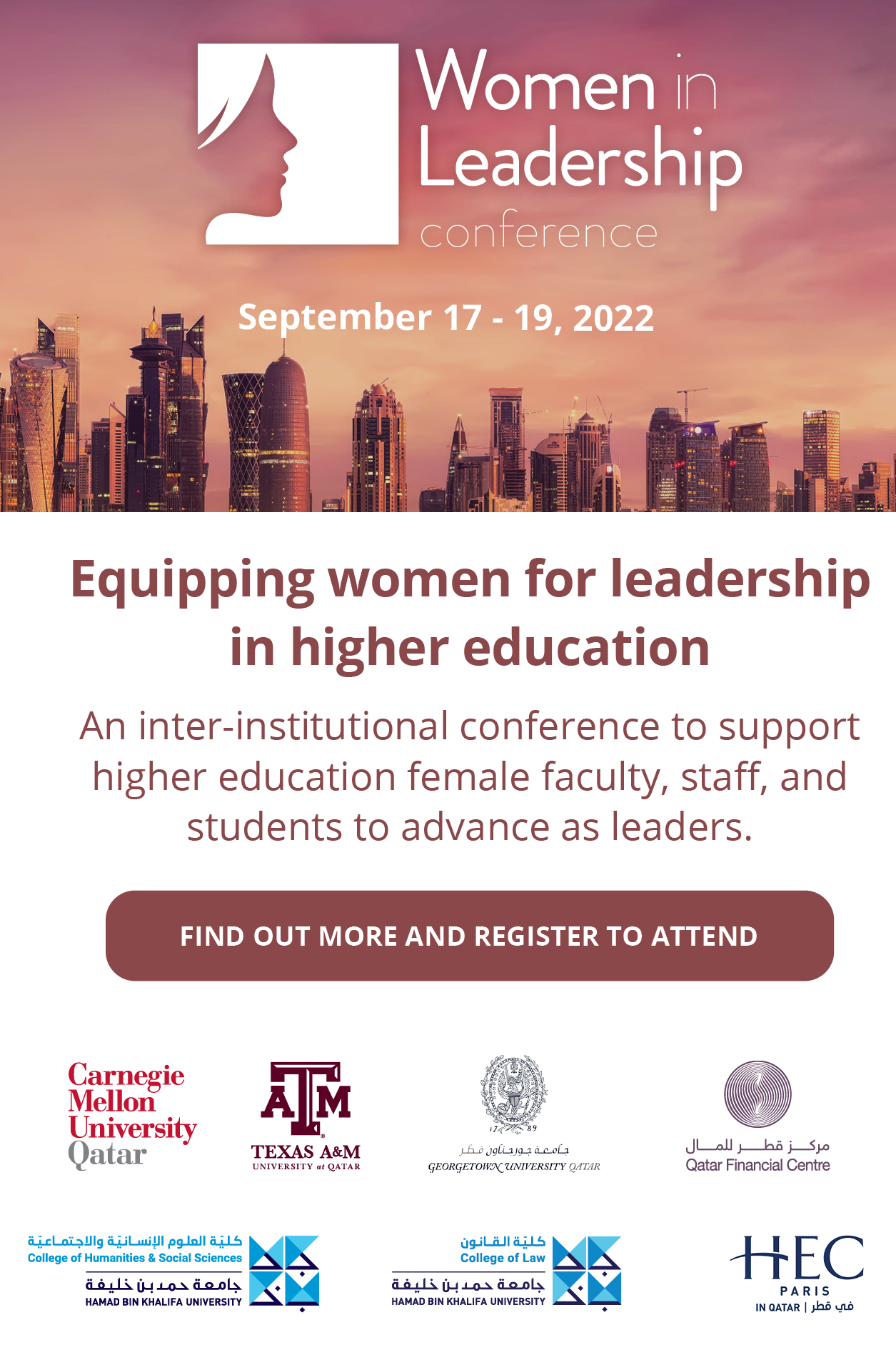 Poster for the Women in Leadership conference, September 17-19, 2022, featuring a profile of a womans face and logos of sponsor institutions. The event aims to support women leaders in higher education.