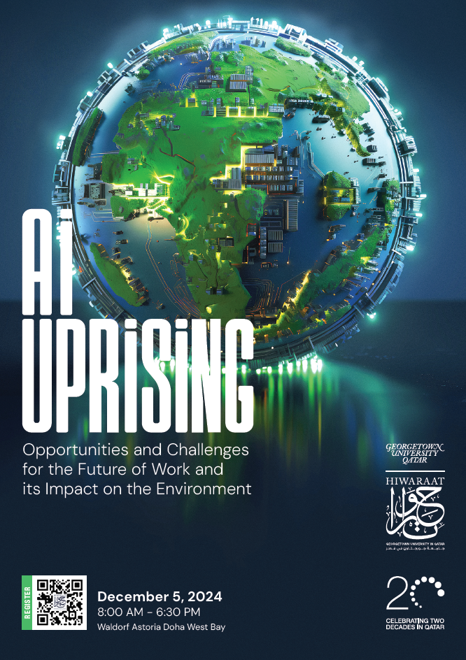 A digital poster for AI Uprising depicts a green, eco-friendly city on a globe with circuit patterns, promoting an event about AI, work, and the environment on December 5, 2024, in Doha, Qatar.