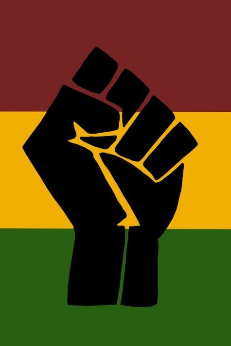 A black raised fist symbol is centered on a background with three horizontal stripes: red on top, yellow in the middle, and green on the bottom.