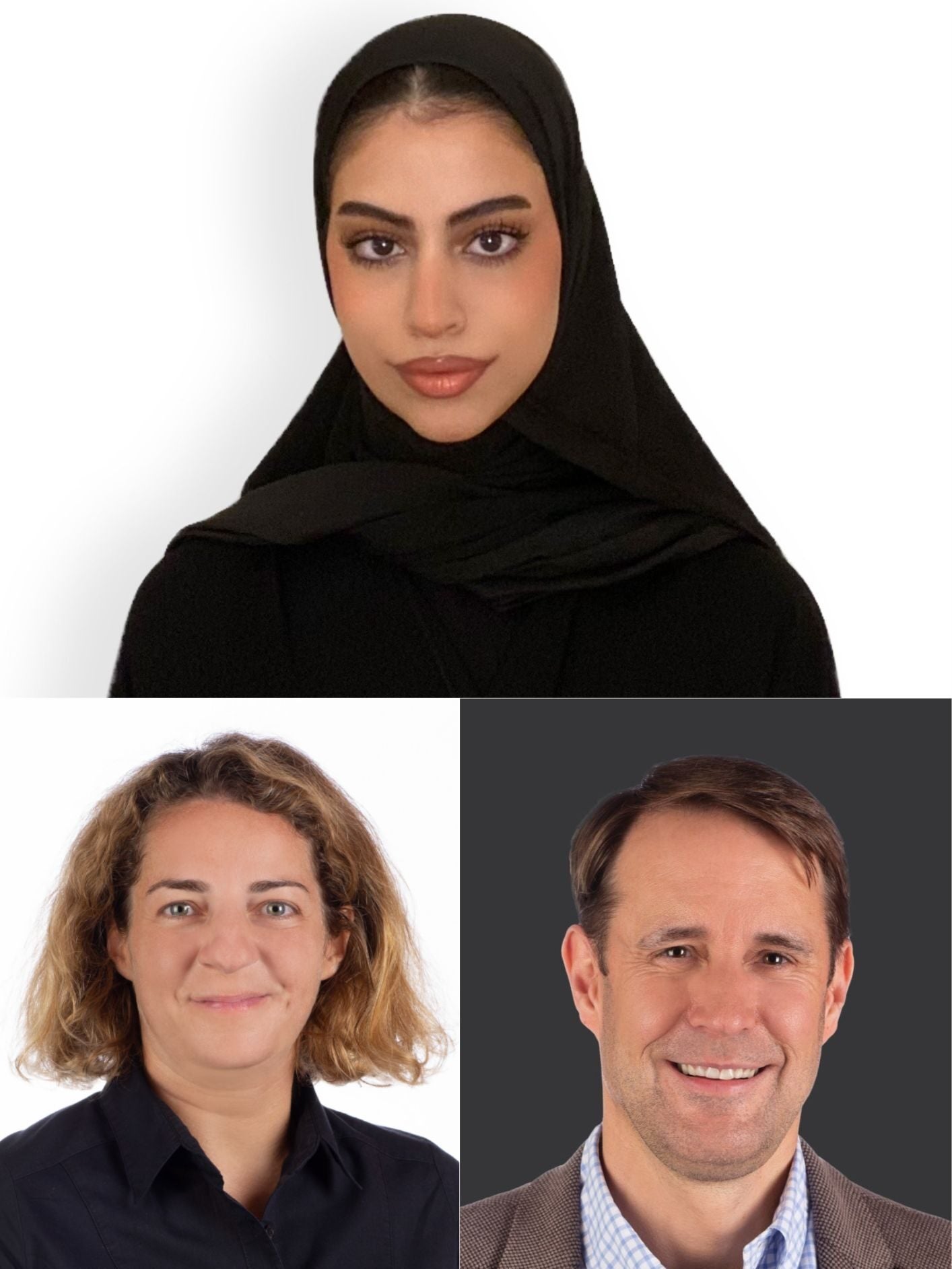 A collage of three professional headshots: a woman in a black hijab (top), a woman with wavy light brown hair in a black shirt (bottom left), and a man with short brown hair in a checked shirt and blazer (bottom right).