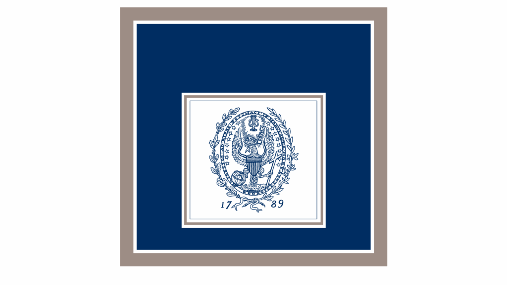 A blue and white emblem featuring a seated figure with a scroll, surrounded by leaves and the numbers 1789, centered on a dark blue background with beige and white borders.