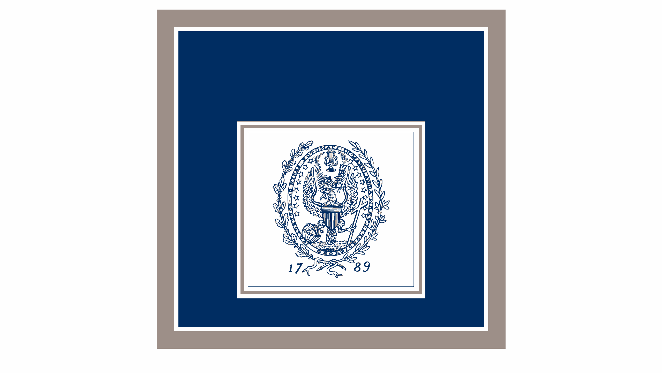 A blue and white emblem featuring a seated figure with a scroll, surrounded by leaves and the numbers 1789, centered on a dark blue background with beige and white borders.