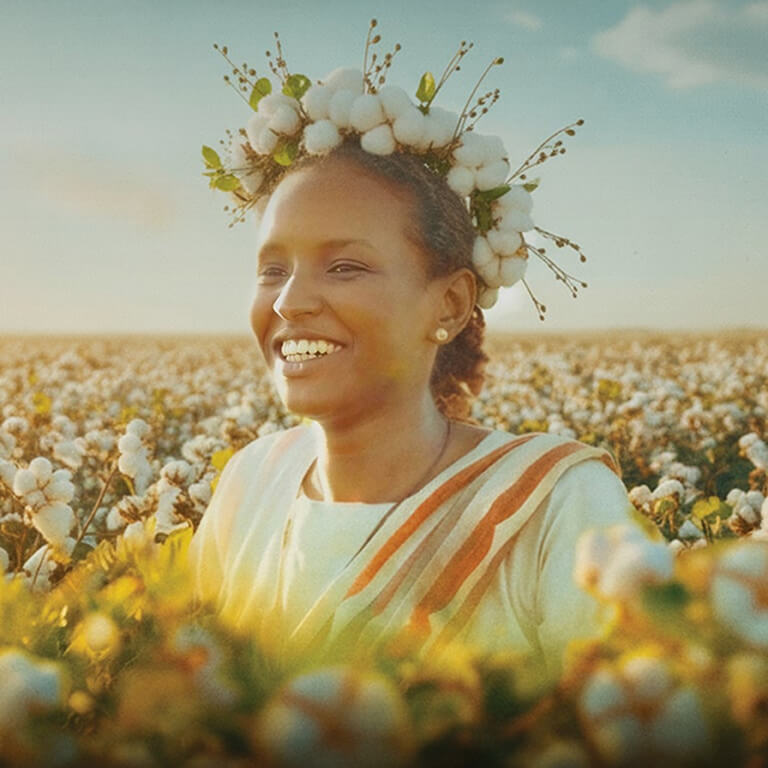 A smiling woman wearing a cotton flower crown and traditional dress stands in a blooming cotton field under a bright, sunny sky.