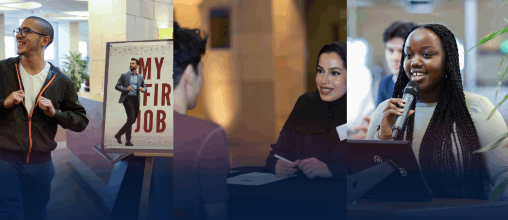 A man smiles as he walks past a My First Job poster; two women sit at a desk talking to a guest; a woman speaks into a microphone, smiling.