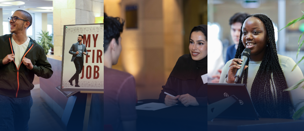 A man smiles as he walks past a My First Job poster; two women sit at a desk talking to a guest; a woman speaks into a microphone, smiling.