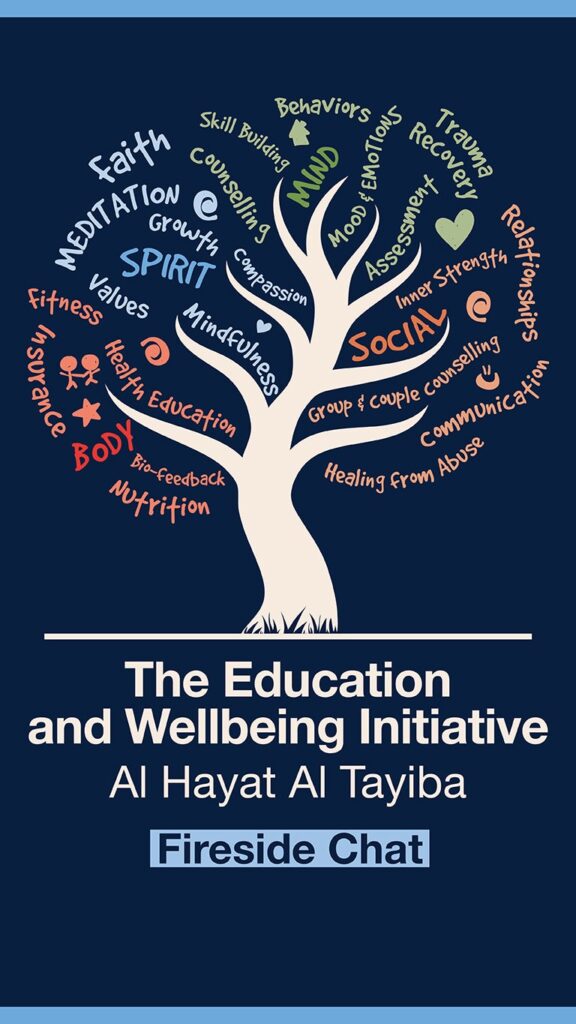 A tree graphic displays words related to wellbeing and education, such as Faith, Mindfulness, Relationships, and Fitness. Below, text reads: The Education and Wellbeing Initiative, Al Hayat Al Tayyiba, Fireside Chat.