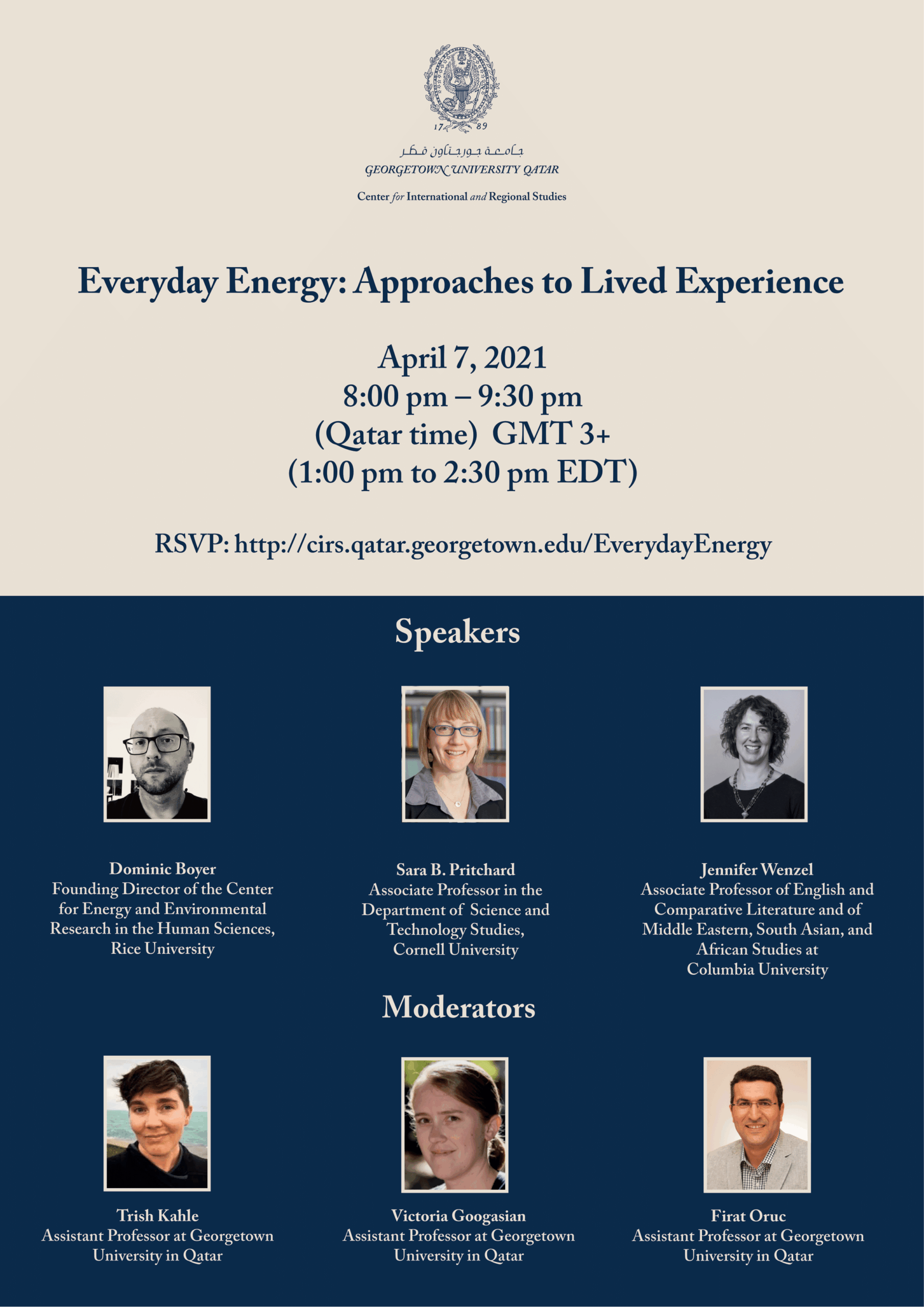 Event poster for Everyday Energy: Approaches to Lived Experience with date, time, RSVP link, and headshots of speakers and moderators from Georgetown University, Rice University, and Columbia University.