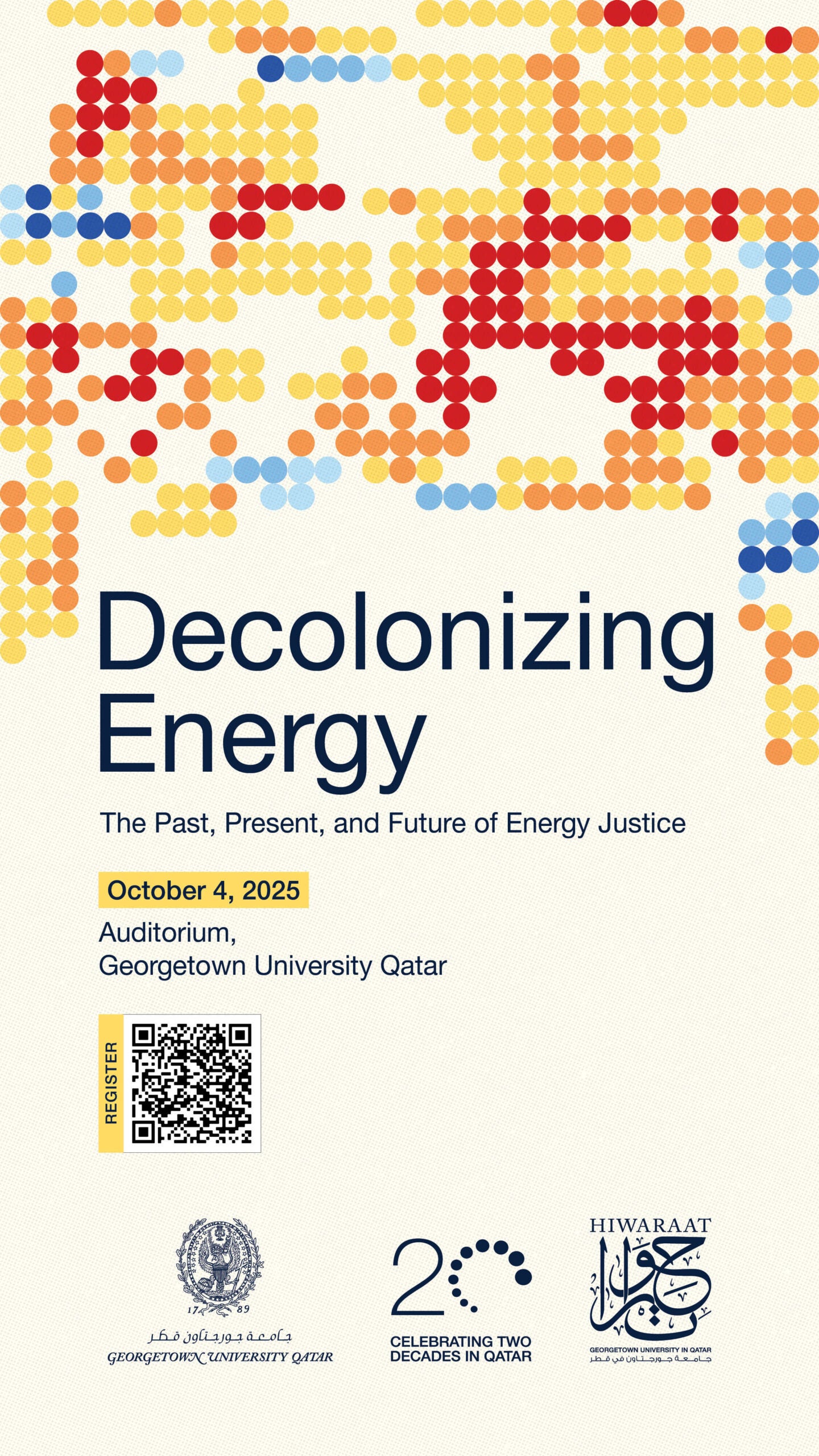Event poster with colorful dotted patterns and text: “Decolonizing Energy: The Past, Present, and Future of Energy Justice.” Event date: October 4, 2025, at Georgetown University Qatar. Several logos appear at the bottom.