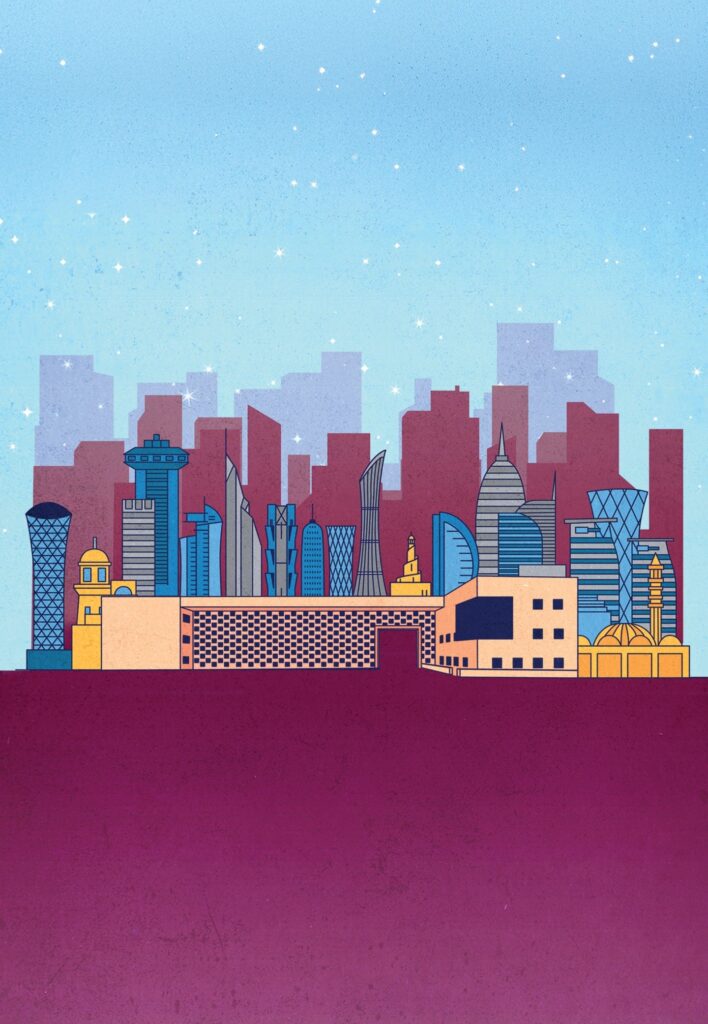 Illustrated city skyline featuring modern skyscrapers and traditional buildings, set against a gradient blue and purple sky with stars. The foreground includes various architectural styles and geometric shapes.