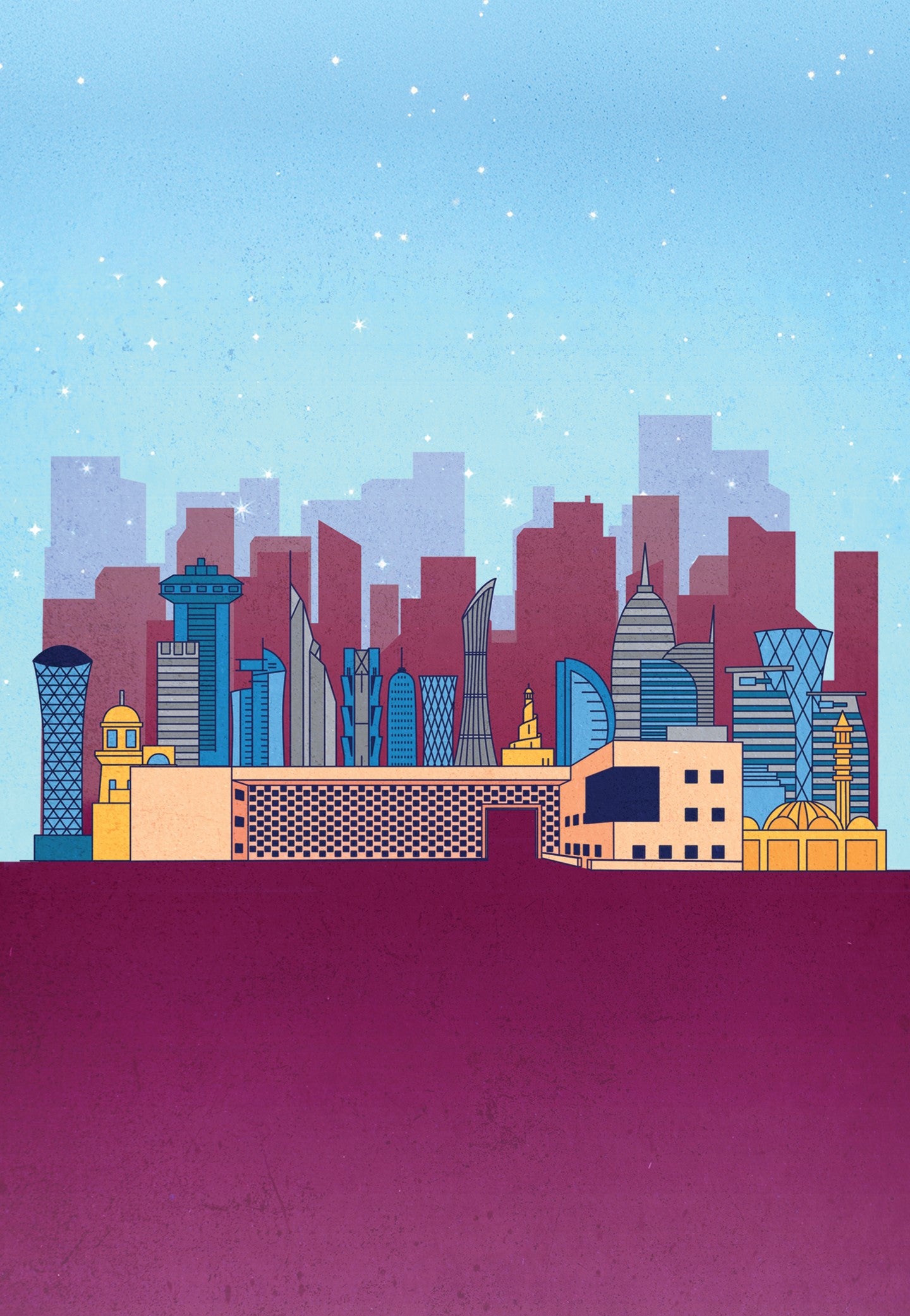 Illustrated city skyline featuring modern skyscrapers and traditional buildings, set against a gradient blue and purple sky with stars. The foreground includes various architectural styles and geometric shapes.