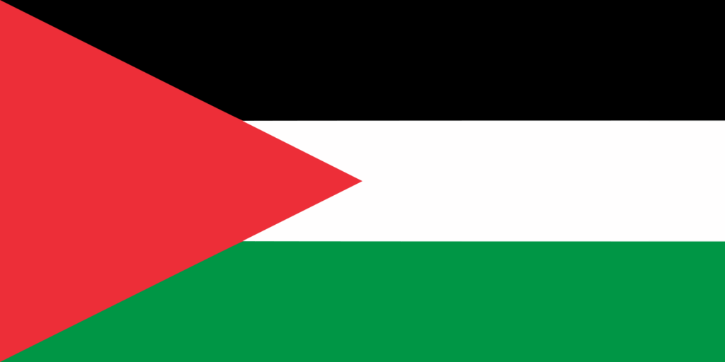 The flag of Palestine, featuring horizontal black, white, and green stripes with a red triangle on the left side.