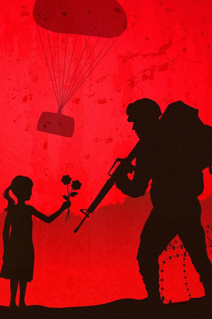 Silhouette of a young girl offering flowers to an armed soldier; a parachute carrying a box descends from above, all set against a bold red background with barbed wire visible on the ground.