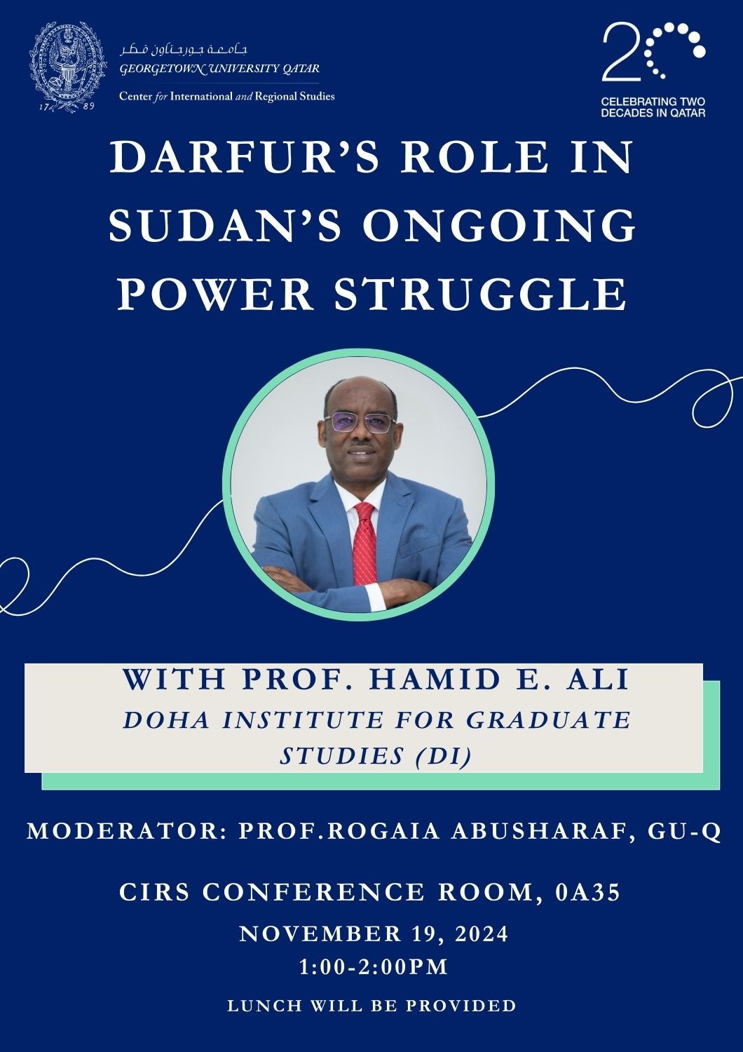 Event poster for a talk titled Darfur’s Role in Sudan’s Ongoing Power Struggle featuring Prof. Hamid E. Ali, with his photo, event details, moderator, date, time, location, and note that lunch will be provided.