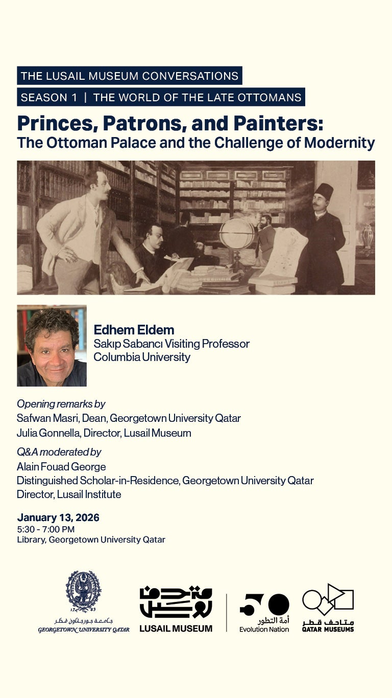 Event poster for The Lusail Museum Conversations featuring a sepia photo of Ottoman figures, event details, speaker names, date (January 13, 2026), time, location, and logos at the bottom.