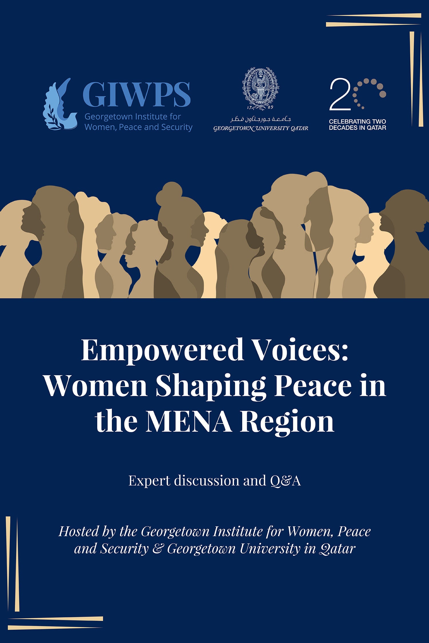 A promotional poster with illustrated silhouettes of diverse women and event details: Empowered Voices: Women Shaping Peace in the MENA Region, hosted by Georgetown University in Qatar and GIWPS.