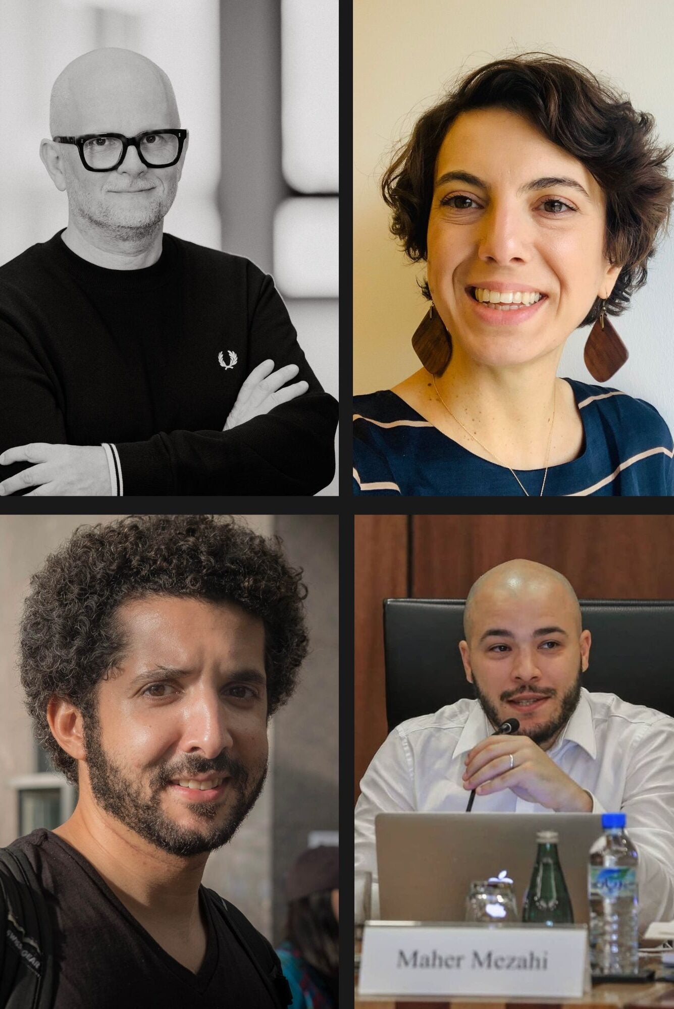 A collage of four portraits: a bald man with glasses in black and white, a smiling woman with short hair and earrings, a man with curly hair and a beard outdoors, and a man at a desk with a nameplate reading Maher Mezahi.