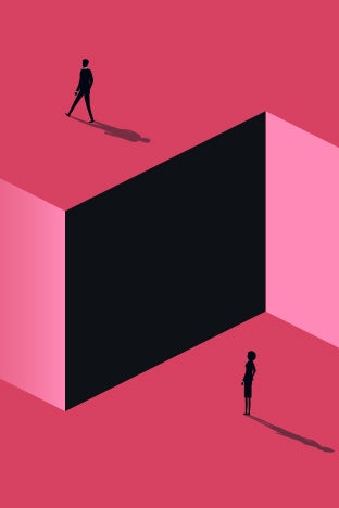 Two silhouetted figures, a man and a woman, stand on opposite sides of a large black wall with pink walls on either side, casting long shadows on a pink background.