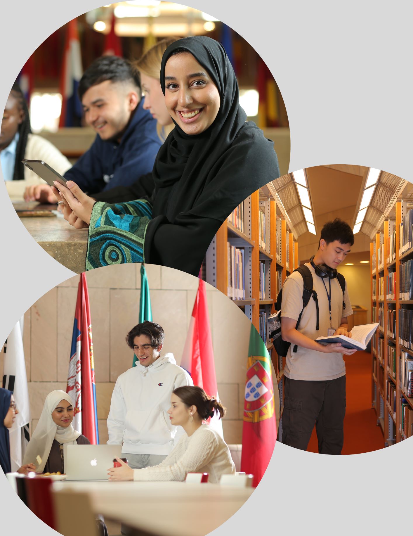 A collage of students in academic settings: a smiling woman in a hijab, students talking and working together at a table with flags in the background, and a student reading a book in a library aisle.