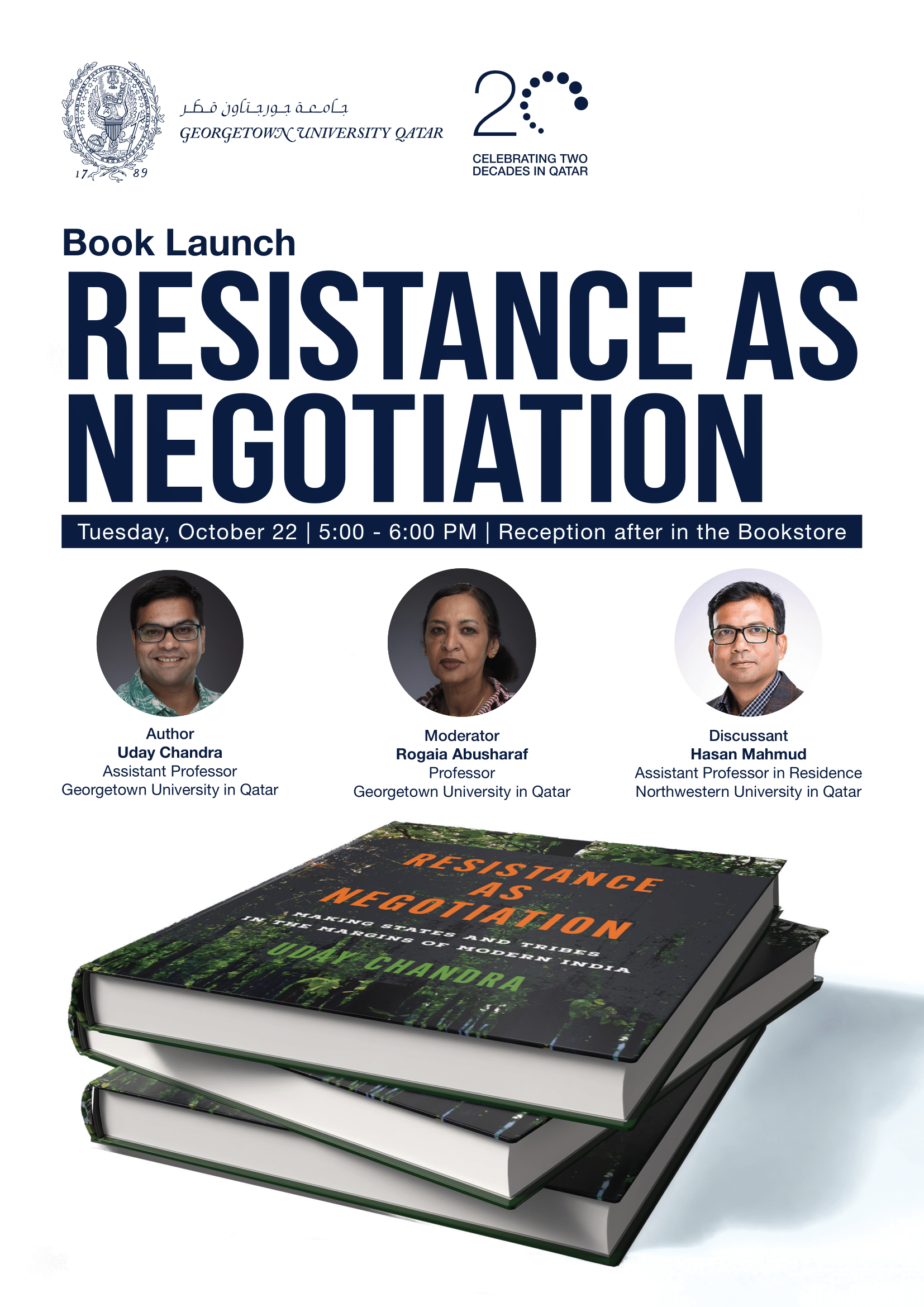 Poster for a book launch event titled Resistance as Negotiation on Tuesday, October 22, 5:00–6:00 PM, featuring book cover image and details of the author, moderator, and discussant. Reception to follow.