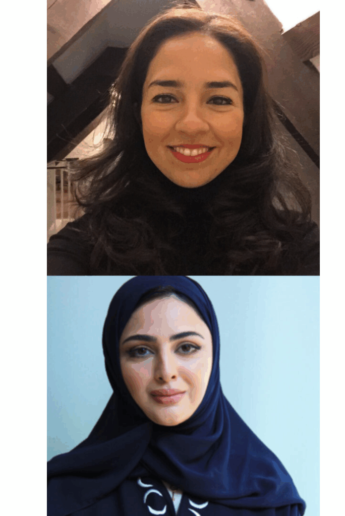 Two women are shown in separate portraits. The top woman has long dark hair, wearing a black top, and smiling. The bottom woman wears a dark hijab and abaya, and also smiles softly. Both are facing the camera.