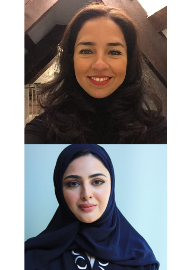 Two women are shown in separate portraits. The top woman has long dark hair, wearing a black top, and smiling. The bottom woman wears a dark hijab and abaya, and also smiles softly. Both are facing the camera.