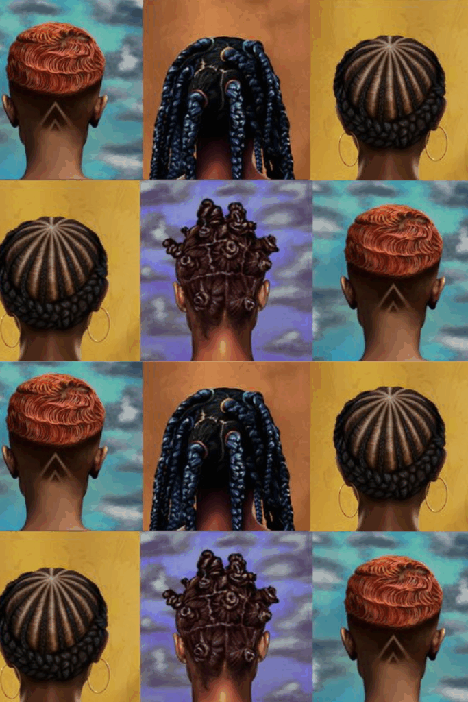 A grid of nine images shows the back view of a person with three different hairstyles: short orange waves, thick blue braids, and bantu knots, each repeated in three rows against yellow and blue sky backgrounds.