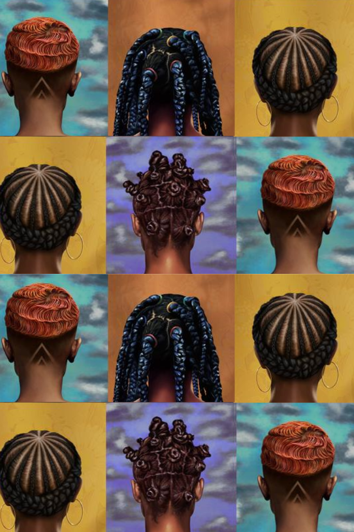 A grid of nine images shows the back view of a person with three different hairstyles: short orange waves, thick blue braids, and bantu knots, each repeated in three rows against yellow and blue sky backgrounds.