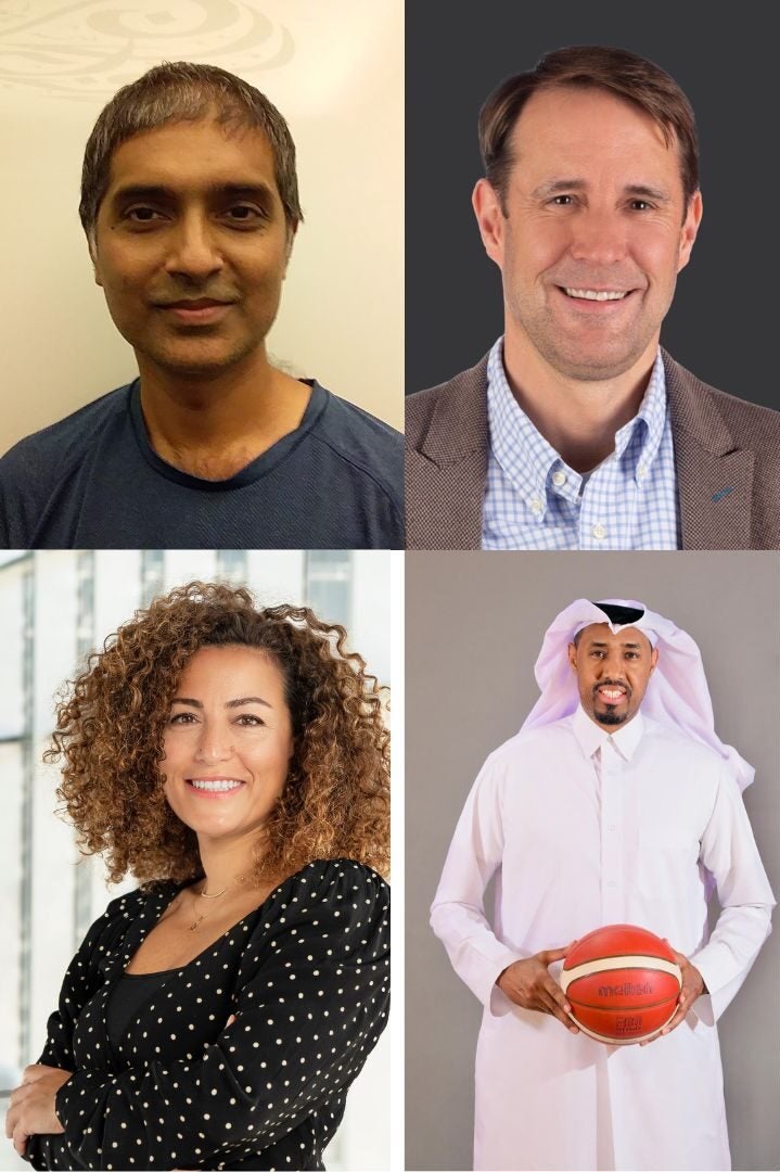 A collage of four people: a man with short dark hair in a casual shirt, a man with brown hair in a blazer and shirt, a woman with curly hair in a black polka-dot blouse, and a man in traditional Middle Eastern attire holding a basketball.