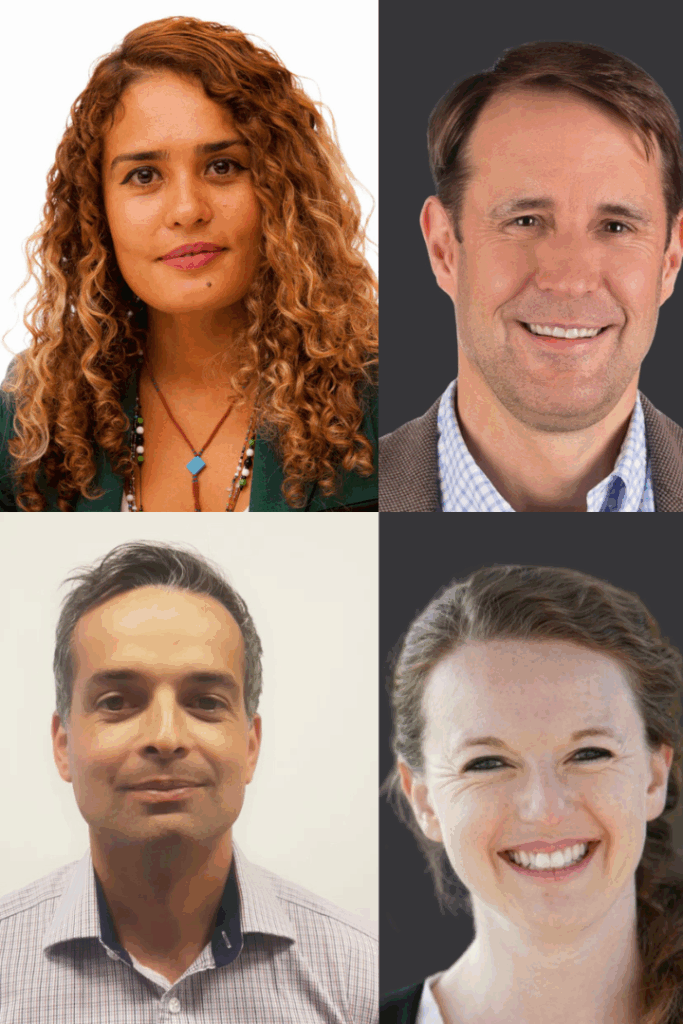 A collage of four headshots: a woman with curly hair, a smiling man in a brown jacket, a man in a striped shirt, and a smiling woman with light brown hair pulled back.