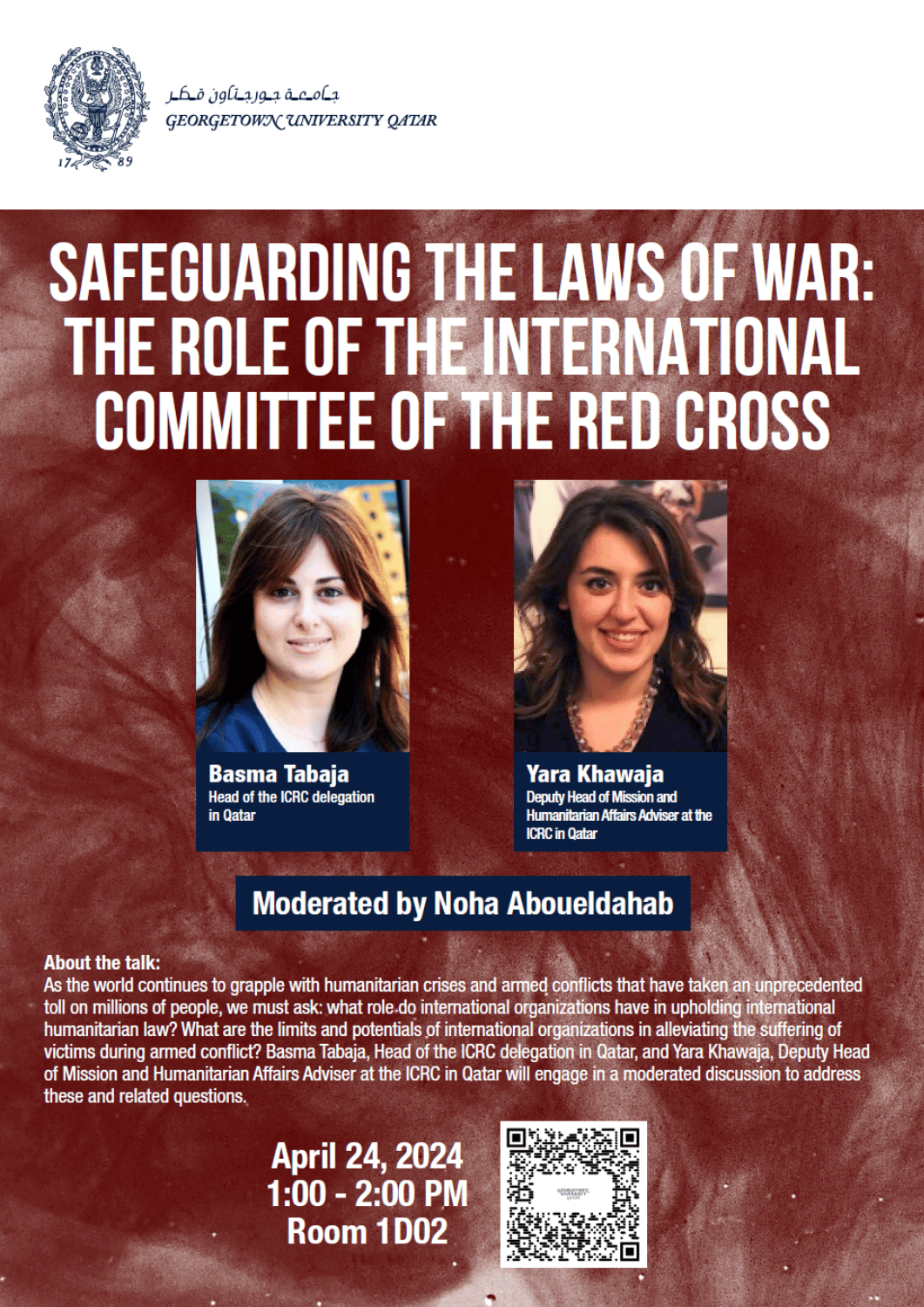 Event poster with photos of two women, Basma Tabaja and Yara Khawaja, for a talk titled Safeguarding the Laws of War: The Role of the International Committee of the Red Cross at Georgetown University Qatar, April 24, 1–2 PM.