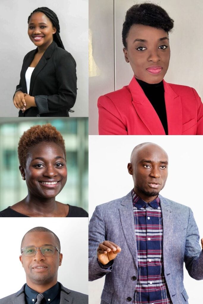 A collage of five professionally dressed Black individuals, three women and two men, each smiling or posing confidently against plain or office backgrounds.