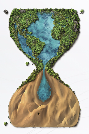 An hourglass with the top half showing a lush forest and blue water forming a map of the Americas, and the bottom half filled with sand, symbolizing environmental depletion over time.