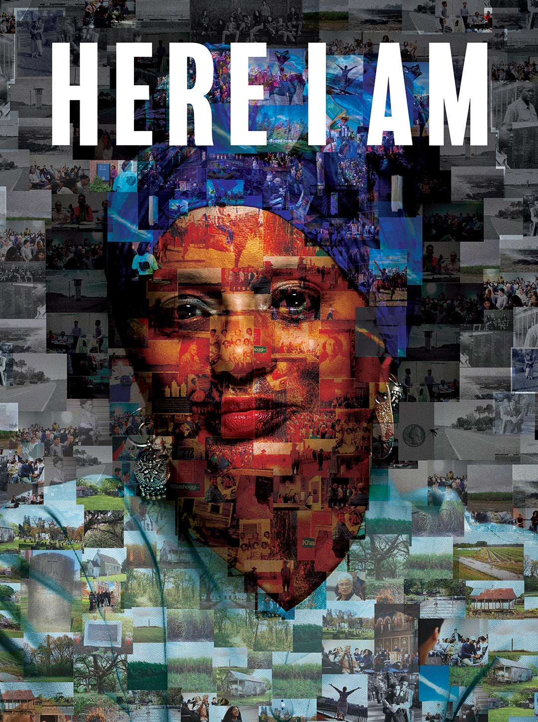 A mosaic of photographs forms the portrait of a woman in a colorful headscarf and earrings, with large white text at the top reading HERE I AM.