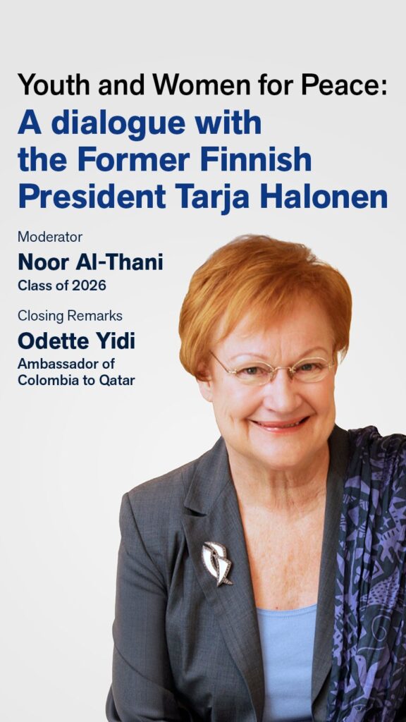 A promotional poster featuring Former Finnish President Tarja Halonen, advertising an event titled Youth and Women for Peace: A dialogue with the Former Finnish President Tarja Halonen. Event details and speakers are listed.