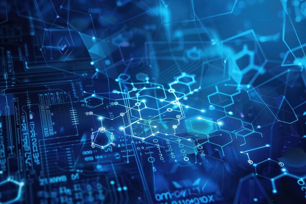 Abstract digital background with glowing blue hexagons, circuit lines, and geometric shapes, resembling a futuristic technology or scientific interface.