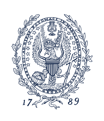 Blue line drawing of Georgetown Universitys seal, featuring a double-headed eagle holding a scepter and globe, with laurel leaves bordering the seal and the year 1789 below.