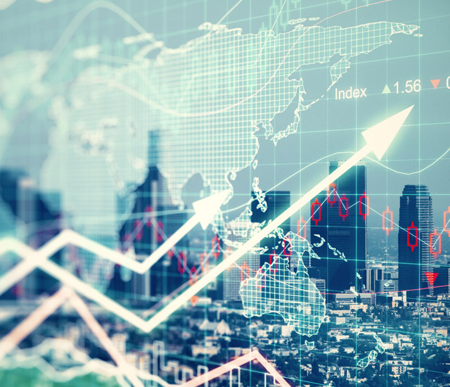 Transparent financial graphs and stock charts overlay a city skyline with skyscrapers and a world map, illustrating global market growth and economic activity.