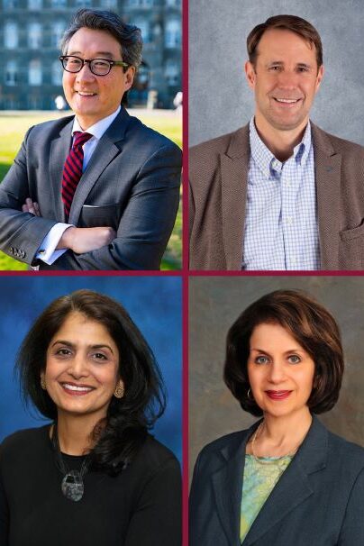 A collage of four professionally dressed adults, two men and two women, each smiling and posing individually against different backgrounds.