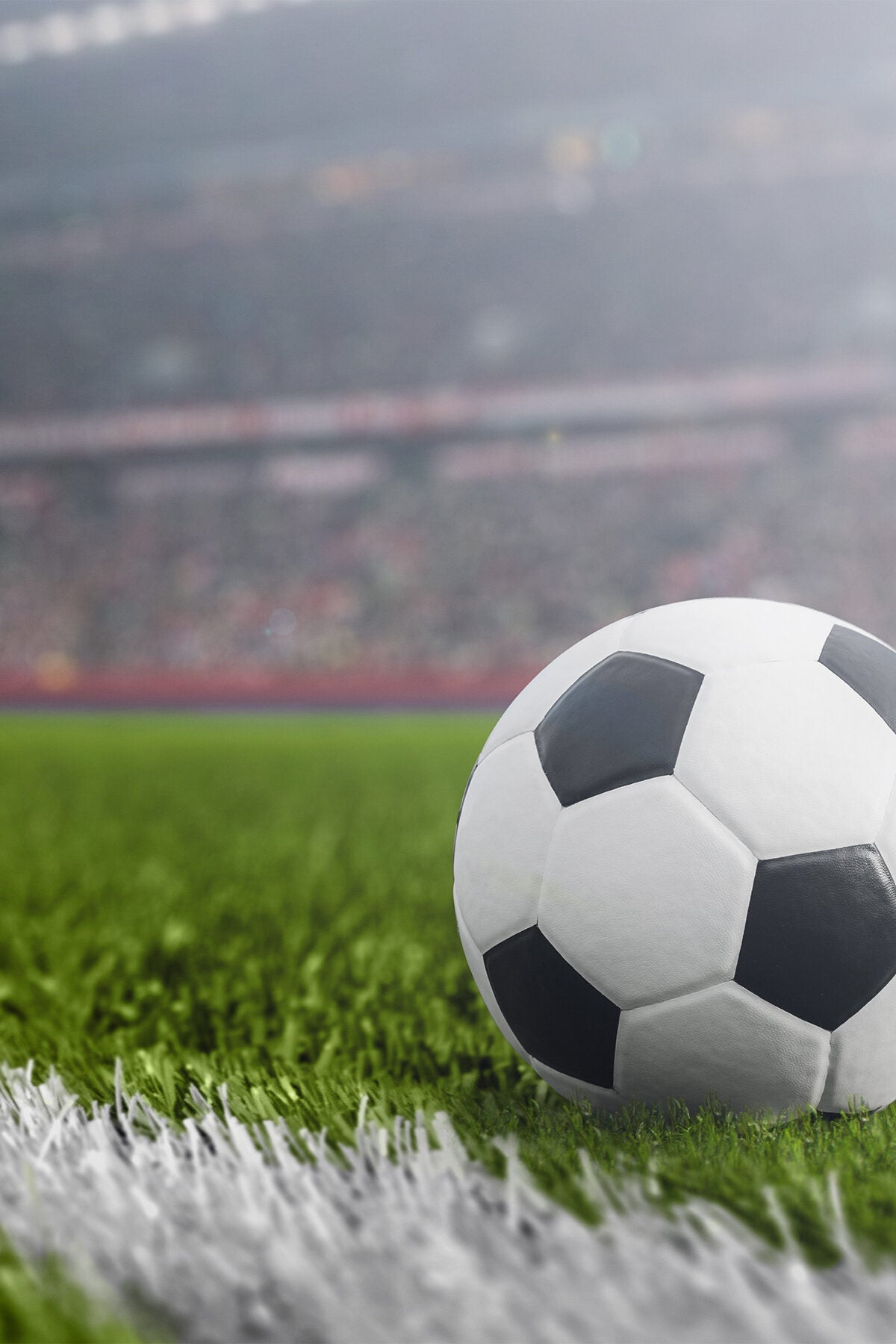 A black and white soccer ball rests on green grass near a white boundary line, with a blurred stadium full of spectators in the background.