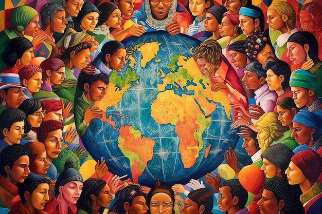 Dozens of diverse people stand close together, each touching or holding a large globe at the center, symbolizing unity, community, and global connection. The vibrant artwork highlights faces of various ages and ethnicities.