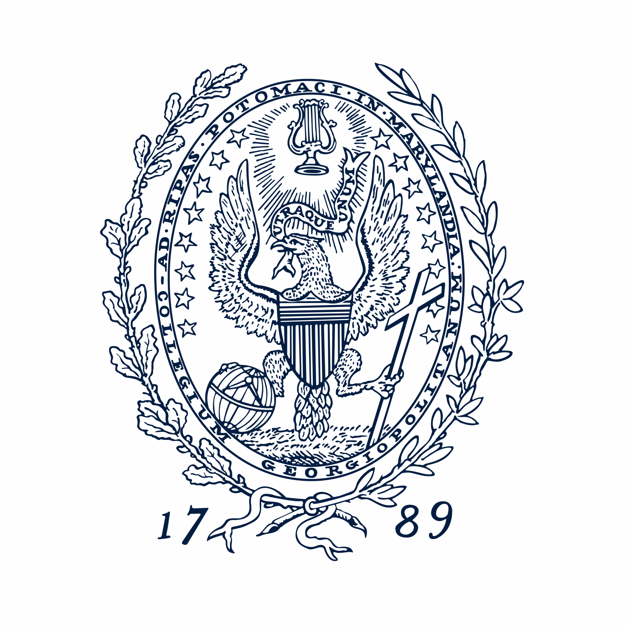 A detailed blue line drawing of the Georgetown University seal, featuring an eagle holding a scepter and olive branch, a shield, and a scroll reading “Utraque Unum.” The year 1789 appears below the emblem.