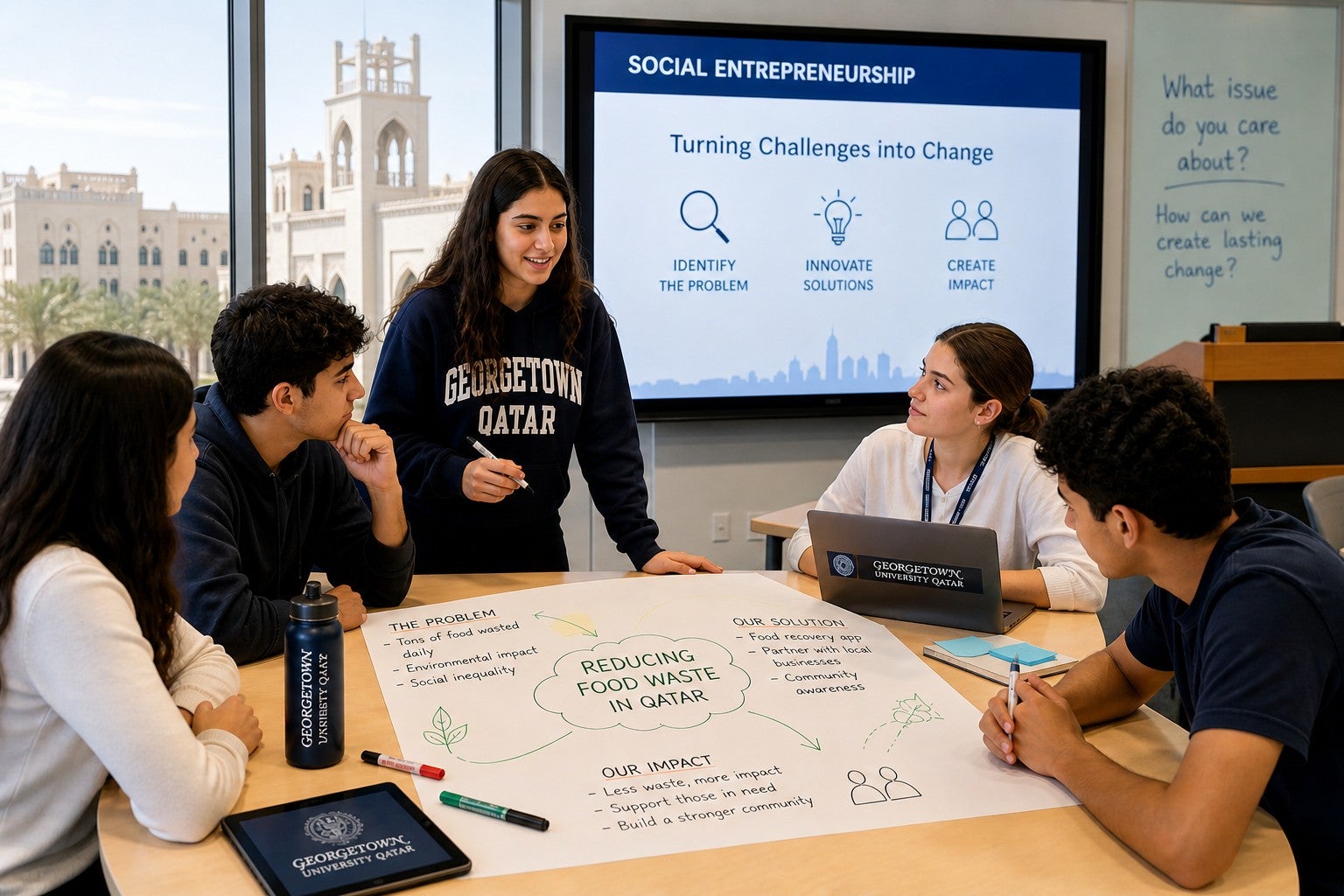 Five students sit around a table discussing a project on reducing food waste in Qatar. A large paper with notes is on the table, and a screen in the background displays a presentation on social entrepreneurship.