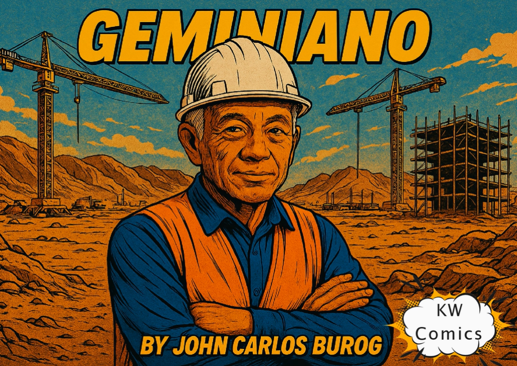 A comic book cover titled GEMINIANO shows an older man in a construction helmet and vest, standing with arms crossed at a construction site. Cranes and mountains are in the background. KW Comics and By John Carlos Burog are also shown.