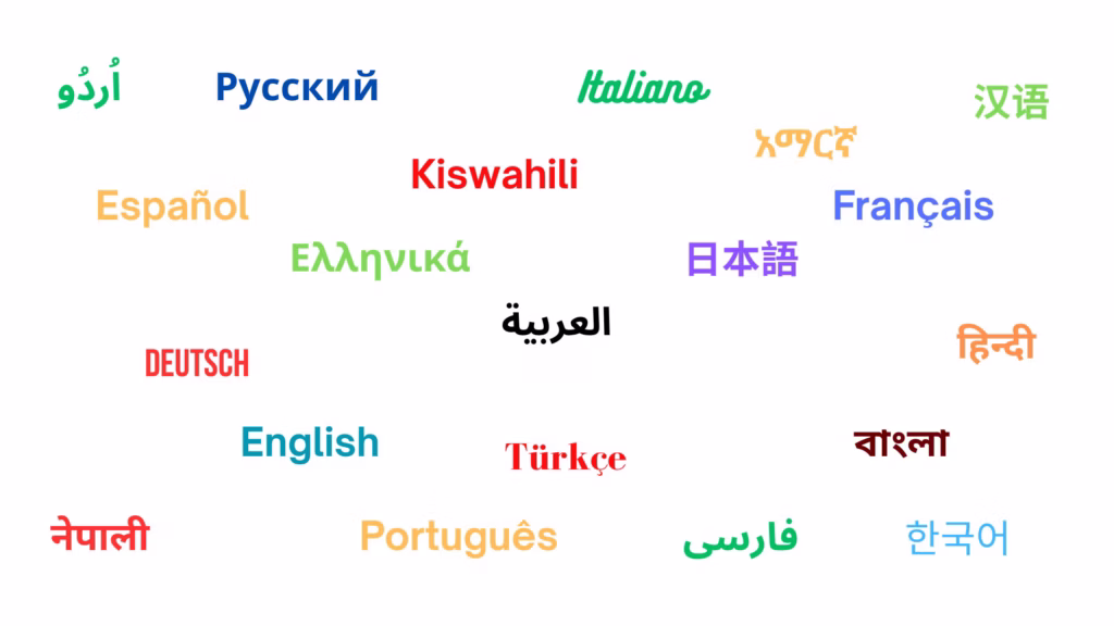 The word hello is written in various languages and scripts, including English, Spanish, French, Arabic, Russian, Hindi, Swahili, Japanese, Korean, and others, scattered in different colors on a white background.