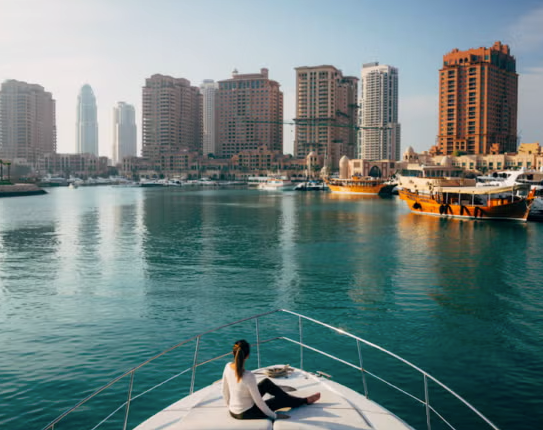 A person sits at the front of a boat looking towards a city skyline with tall buildings and calm water, under a clear sky. Orange boats are docked nearby, reflecting in the water.
