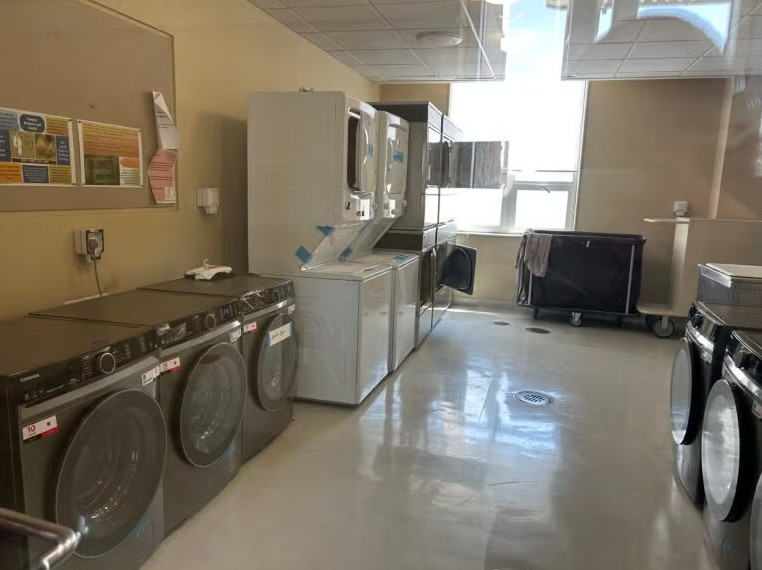 A clean laundry room with several front-loading washing machines and dryers, a laundry cart, storage cabinets, and sunlight coming through a window. Notices are posted on a bulletin board on the left wall.