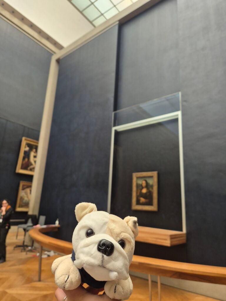 A hand holds a plush bulldog toy in front of the Mona Lisa painting at the Louvre Museum, with other paintings and a person visible in the background.